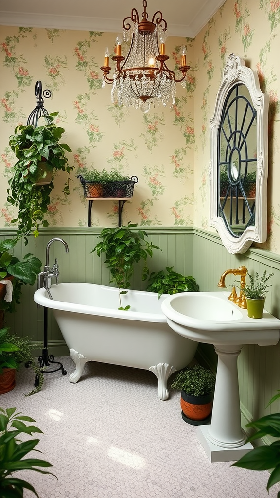 A cozy French garden bathroom with a clawfoot bathtub, plants, floral wallpaper, and a chandelier.