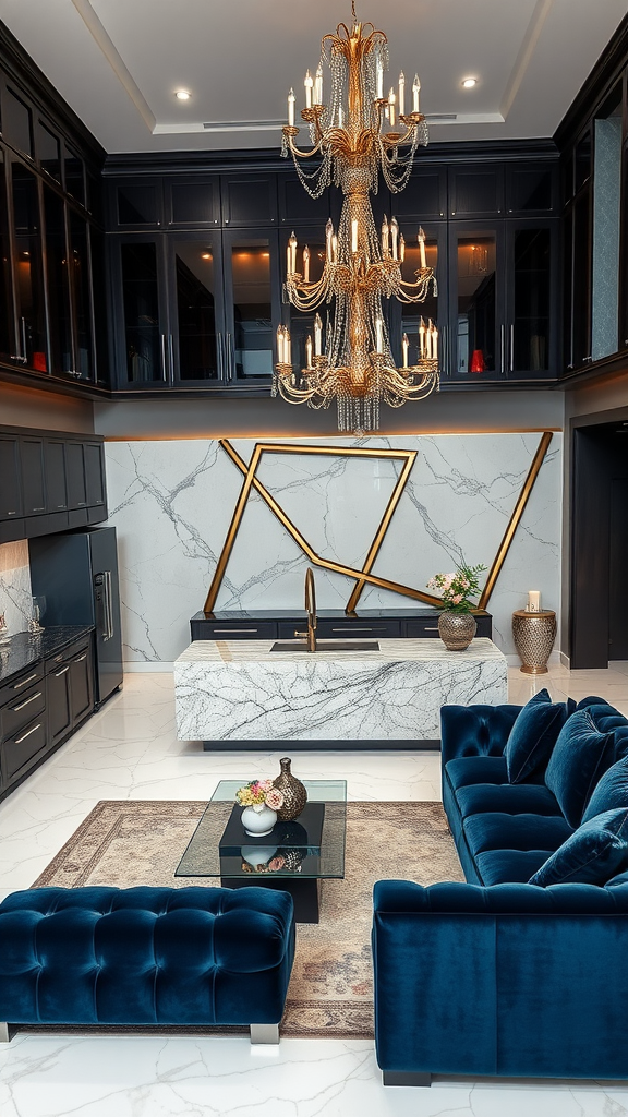 Luxurious living room and kitchen combo featuring dark cabinetry, marble countertops, and a grand chandelier