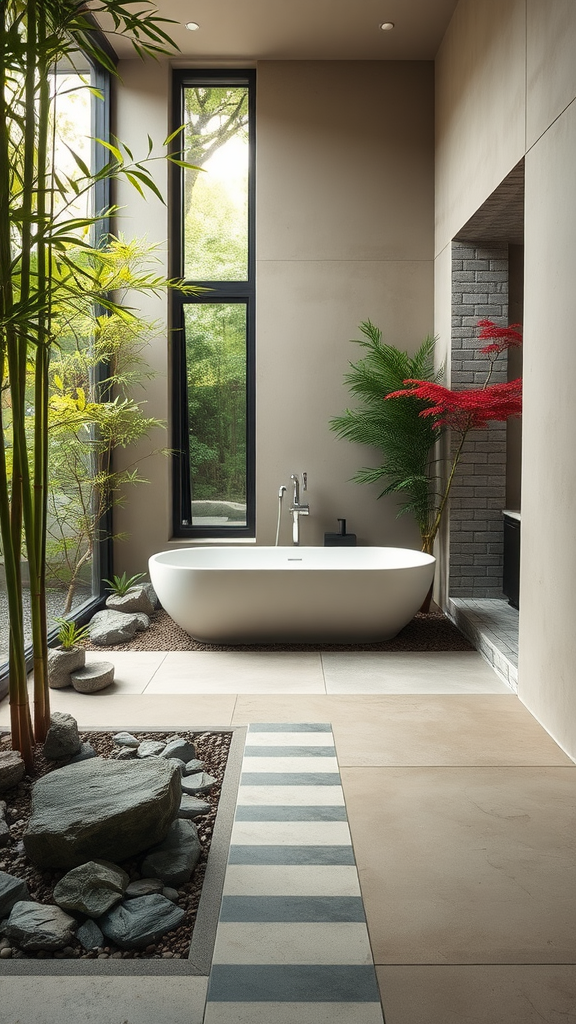 A modern Japanese bathroom featuring a freestanding bathtub surrounded by plants and natural light.