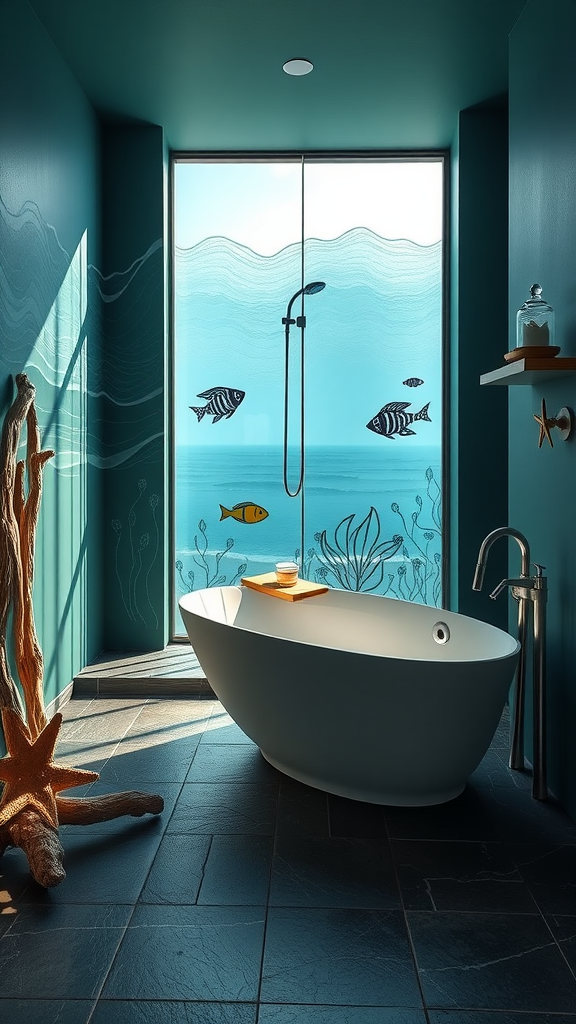 A coastal-themed bathroom featuring a freestanding tub and ocean-themed glass doors.