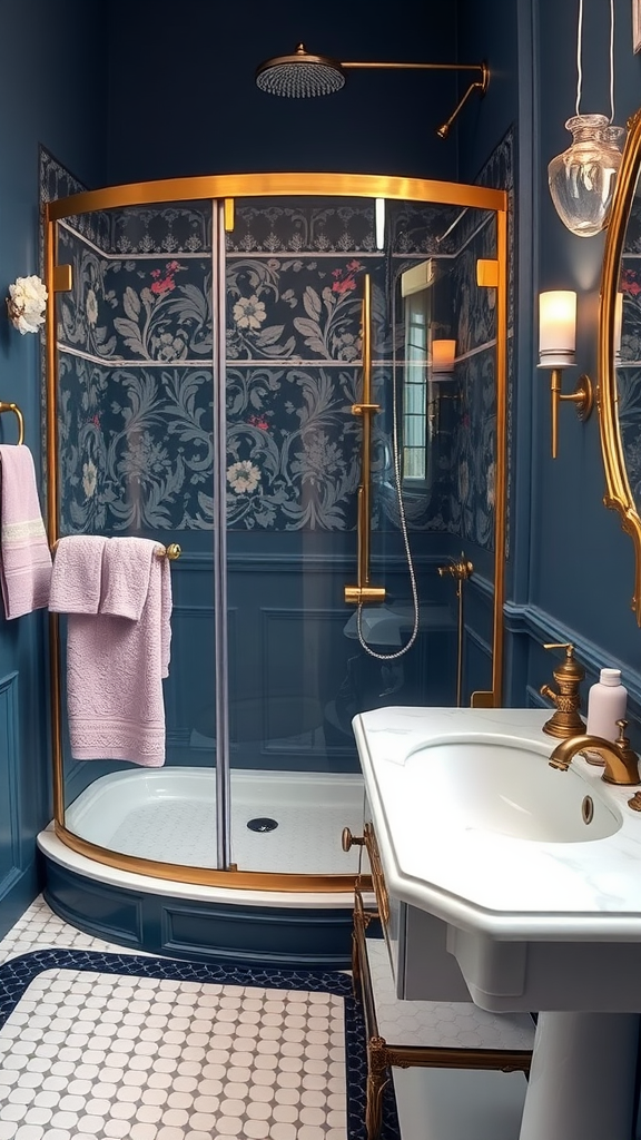 Victorian bathroom featuring a gold shower stall, floral wallpaper, and elegant sink.