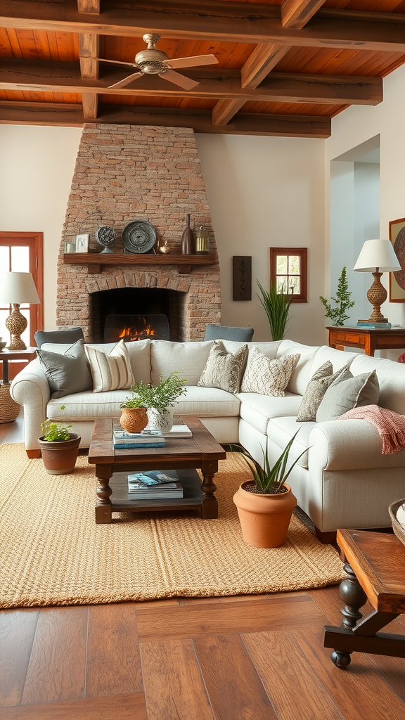 A warm and inviting farmhouse living room with a brick fireplace, cozy sectional sofa, and wooden furniture.