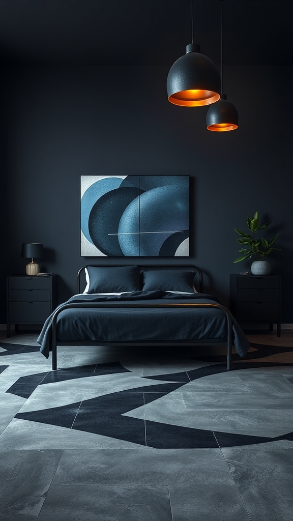 A modern dark bedroom featuring abstract art, unique lighting, and patterned flooring.