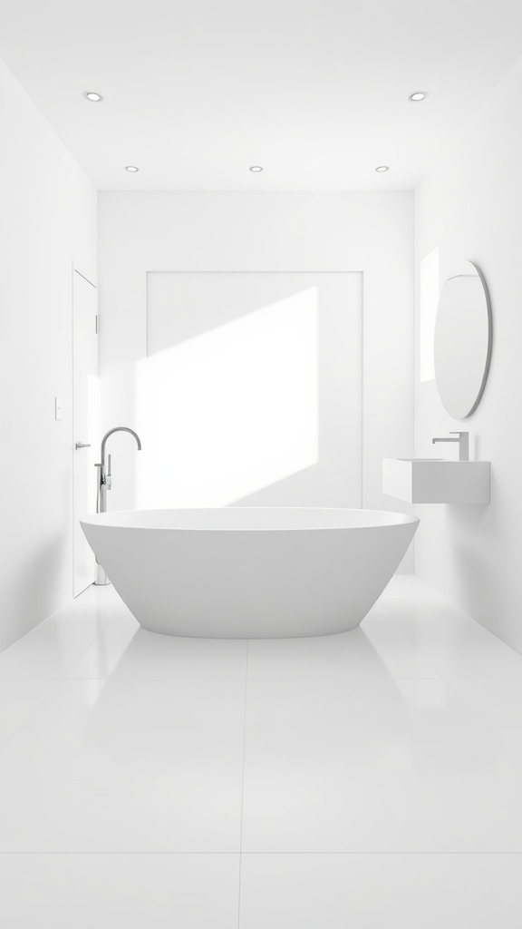 A minimalist all-white bathroom featuring a freestanding bathtub, sleek fixtures, and ample natural light.