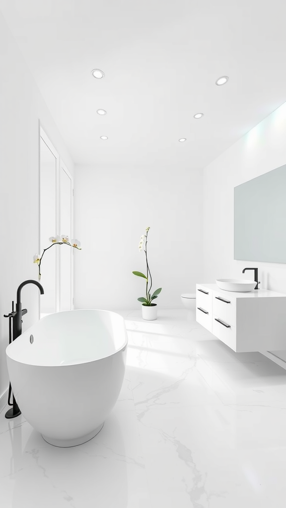 Minimalist all-white bathroom with a freestanding tub and modern fixtures