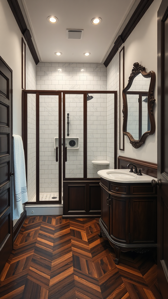 Bathroom featuring antique white walls and dark wood cabinetry, with a herringbone wooden floor and vintage mirror.