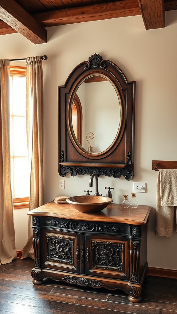 Antique wooden vanity with a copper sink and ornate mirror in a rustic bathroom