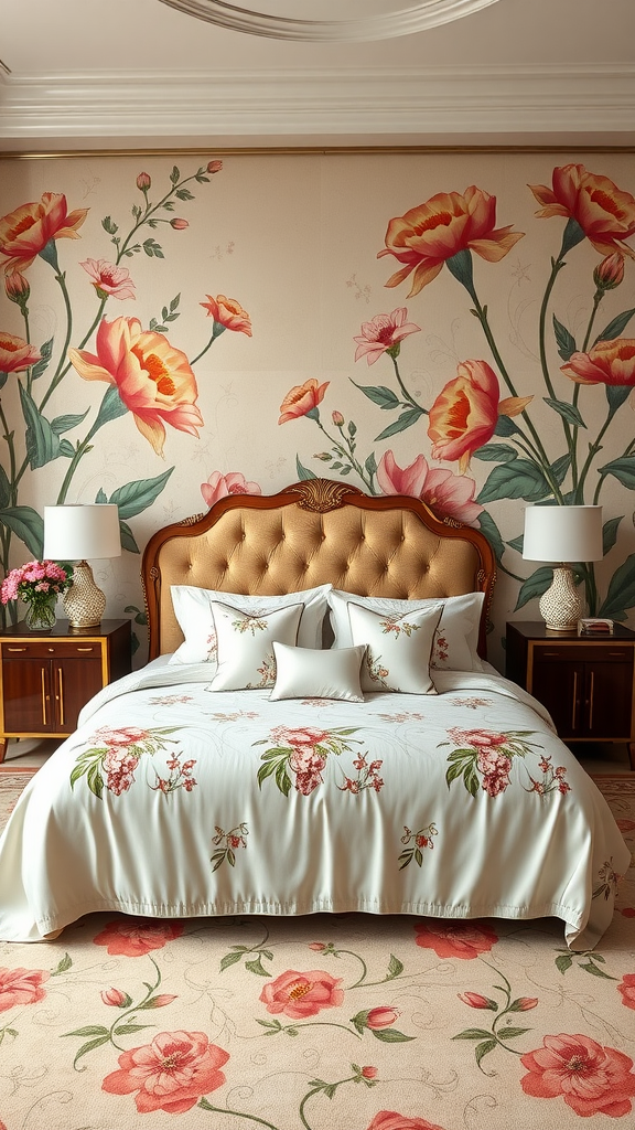 A beautifully designed bedroom featuring Art Deco style with Art Nouveau floral embellishments on the walls and bedding.