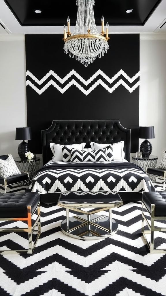 Art Deco bedroom featuring black and white chevron patterns with a tufted headboard and chandelier