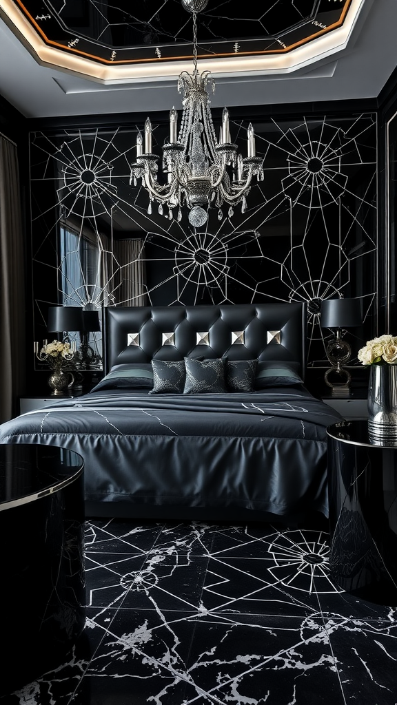 Art Deco bedroom featuring black marble and silver details, with luxurious bed and elegant chandelier.