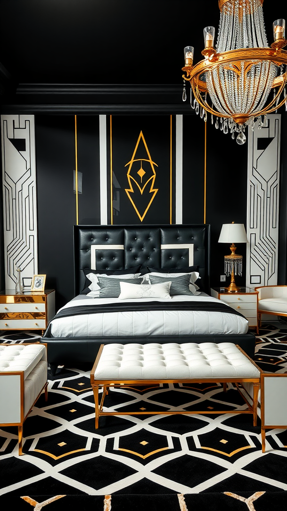 Art Deco bedroom featuring black walls, gold accents, and geometric patterns.