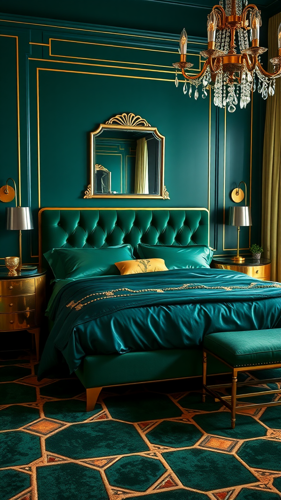 Art Deco bedroom featuring bold green walls, tufted headboard, brass elements, and a geometric patterned carpet.