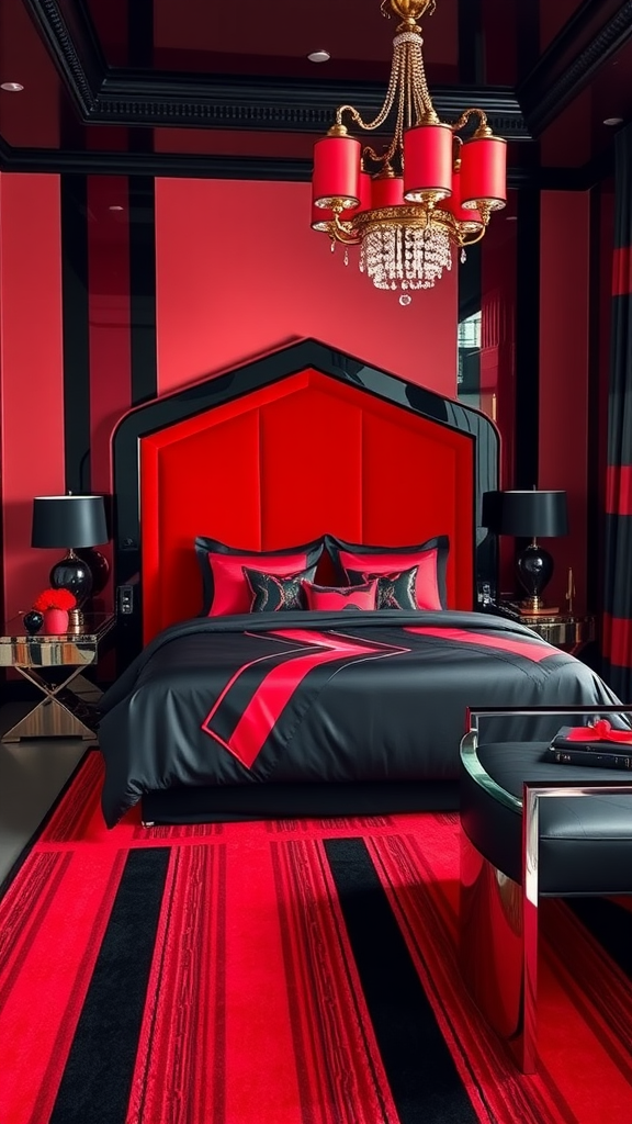 Art Deco bedroom featuring bold red and black stripes with a stylish chandelier and geometric headboard.