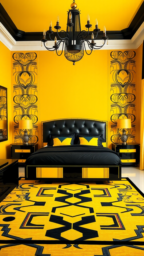 Art Deco bedroom featuring bold yellow walls, black furniture, and geometric patterns.