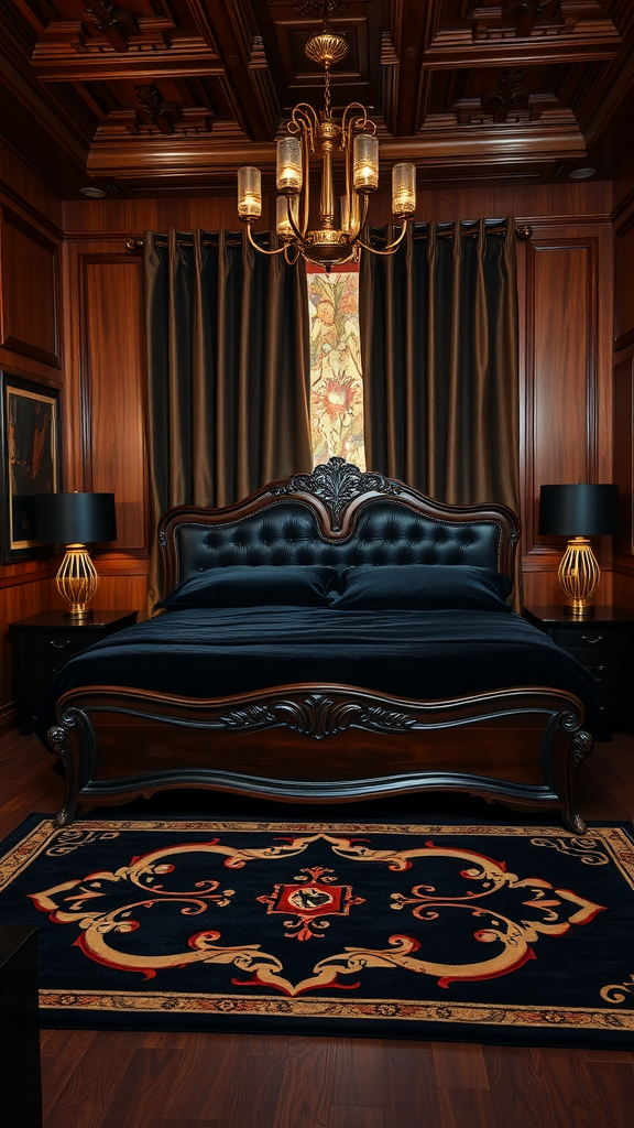 A luxurious Art Deco bedroom featuring dark wood accents, a grand bed, and elegant decor.