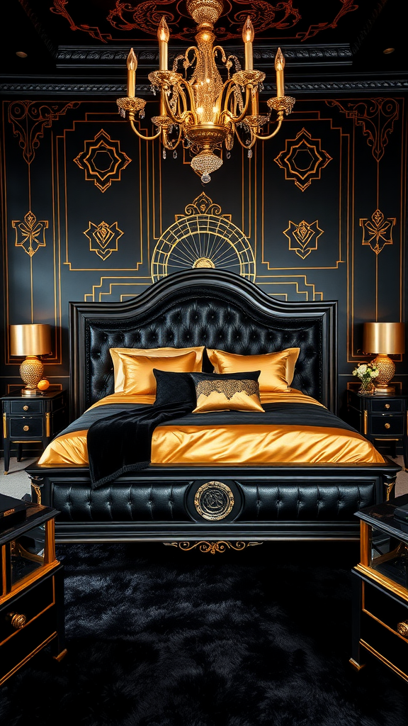 Art Deco bedroom featuring a black and gold color scheme, with a luxurious bed, ornate chandelier, and elegant decor.