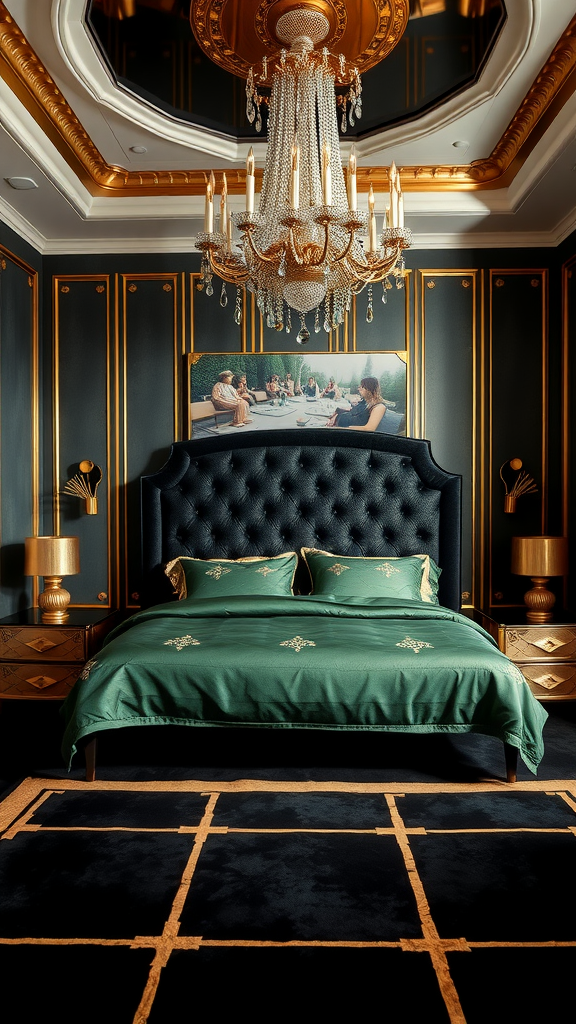 Art Deco bedroom featuring a tufted navy headboard, gold leaf detailing, and luxurious decor.