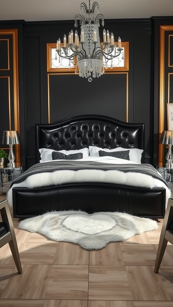 Art Deco bedroom featuring a black leather bed with white fur throws, a crystal chandelier, and golden accents on black walls