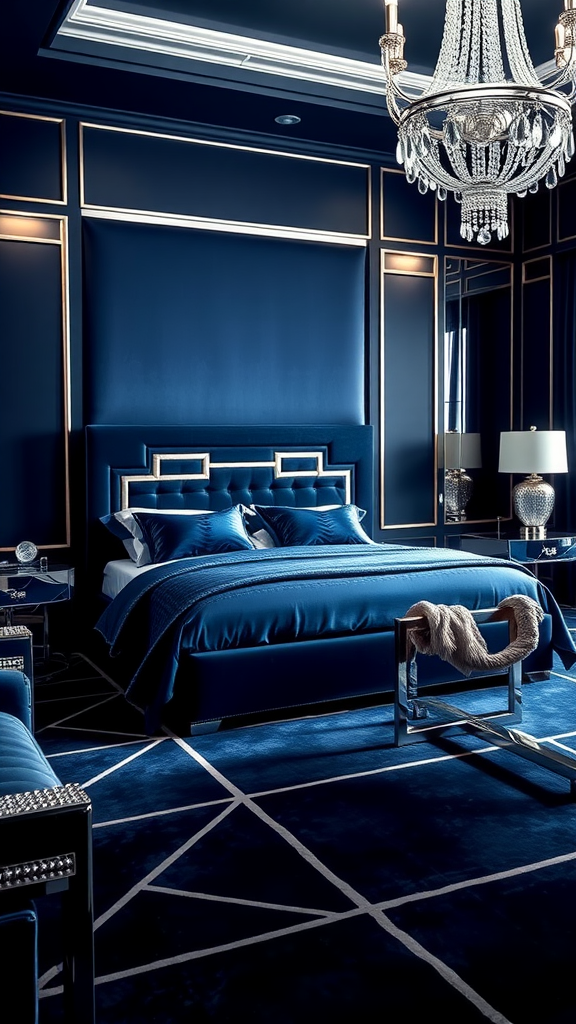 Art Deco bedroom featuring midnight blue walls, a luxurious bed with blue linens, silver accents, and a crystal chandelier.