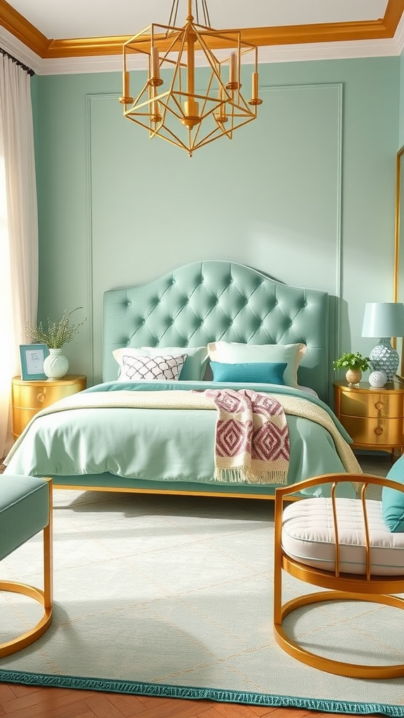 Art Deco bedroom design featuring mint green walls, a tufted headboard, and brass accents.