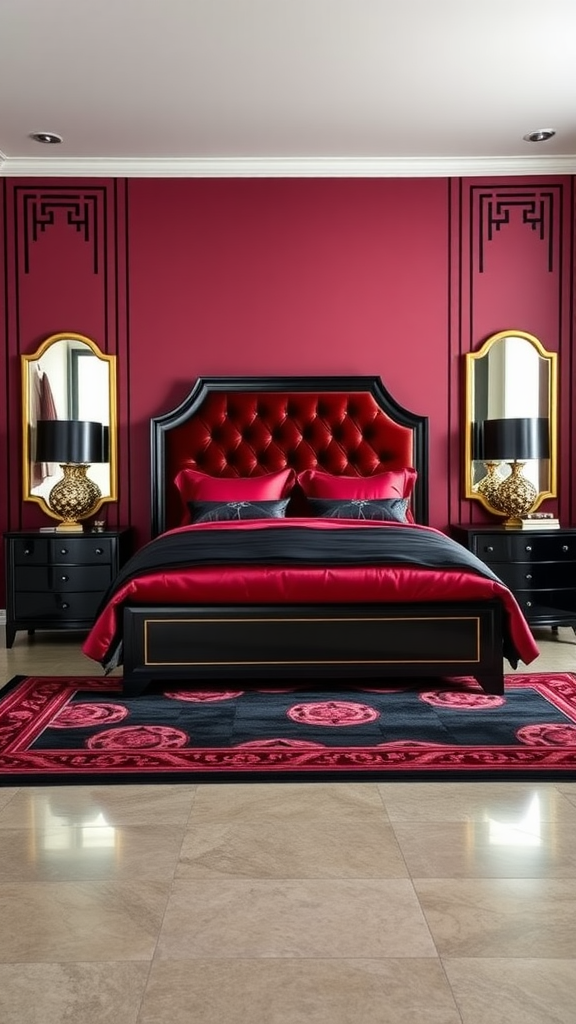 Art Deco bedroom featuring burgundy walls, a tufted black headboard, elegant mirrors, and a patterned rug.