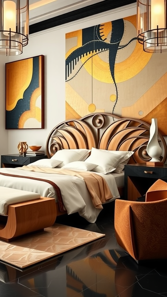 Art Deco bedroom featuring sculptural furniture, geometric artwork, and elegant lighting