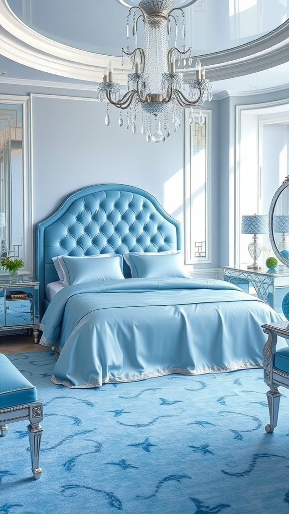 Art Deco bedroom featuring soft blue and silver accents with a tufted headboard, chandelier, and decorative furniture.