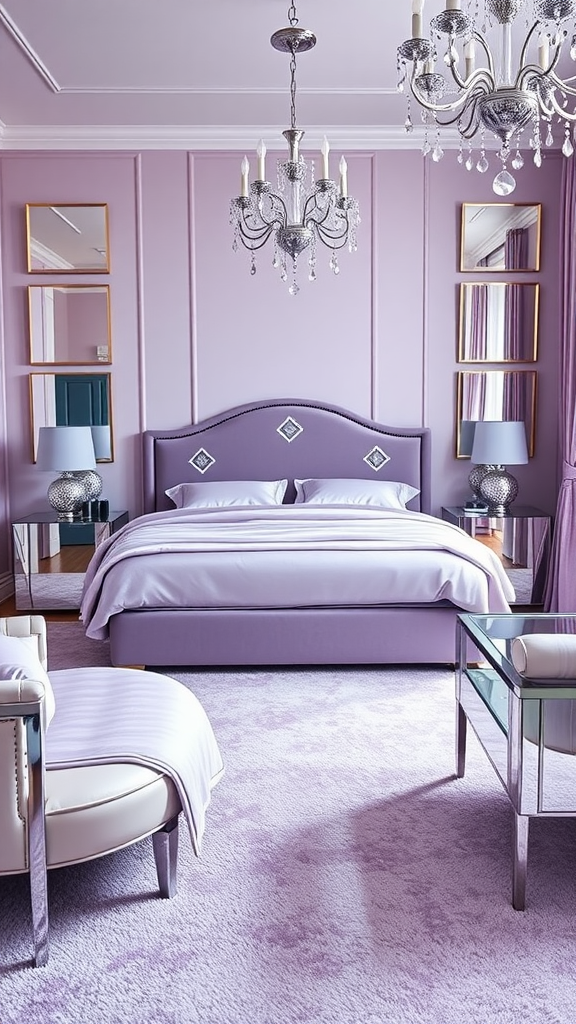 Art Deco bedroom featuring soft lavender walls, chrome details, a stylish bed, and elegant chandelier.