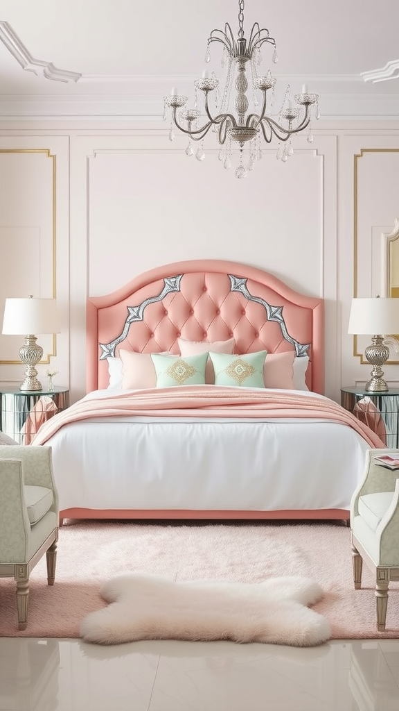 Art Deco bedroom featuring a pink tufted headboard, pastel decor, and metallic accents.