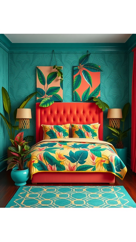 Art Deco bedroom featuring a turquoise color scheme, orange headboard, tropical bedding, and decorative plants.