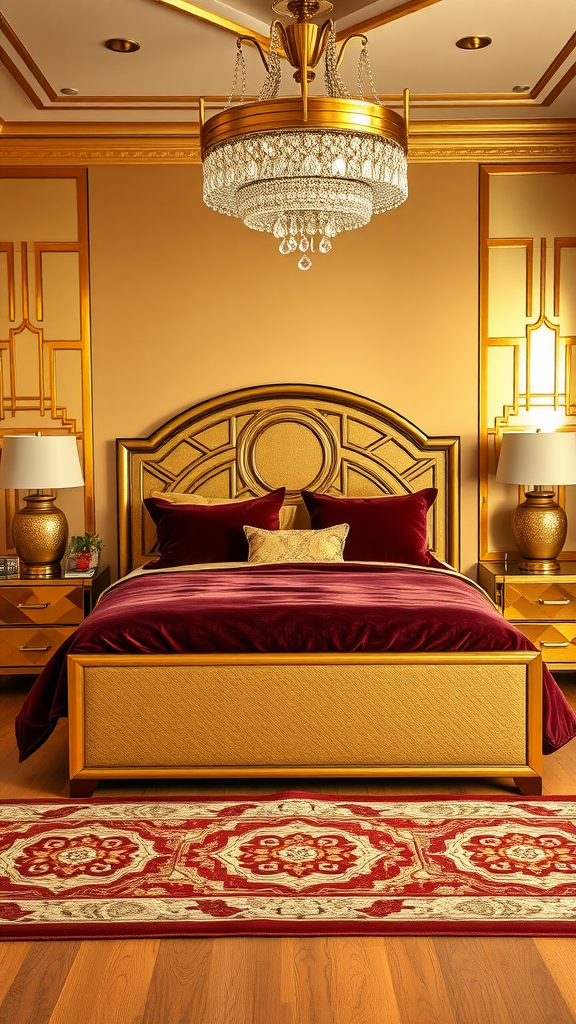 An Art Deco bedroom featuring gold metallic accents, a chandelier, burgundy bedding, and a decorative rug.