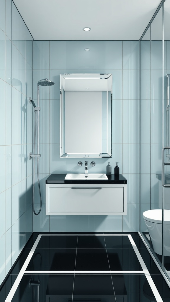 A sleek Art Deco bathroom featuring chrome fixtures, glass surfaces, light blue tiles, and a bold black and white floor design.