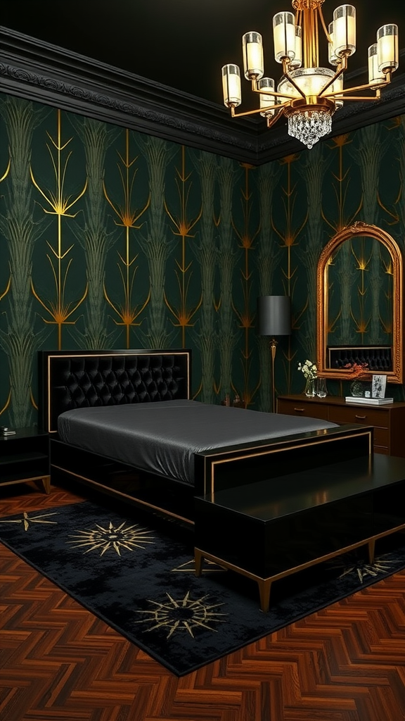 Art Deco dark bedroom with gold and green decor, featuring a black bed and ornate chandelier