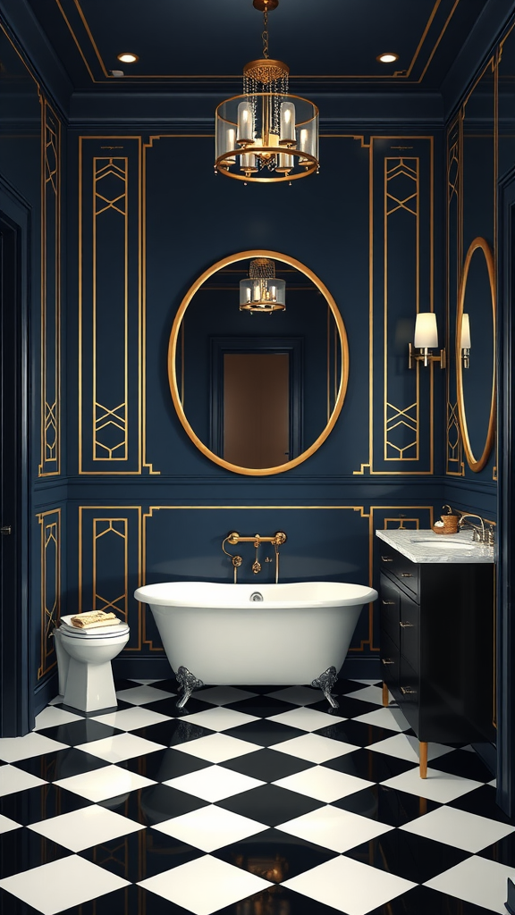 Art Deco style bathroom featuring dark blue walls, gold accents, a freestanding white bathtub, and checkered flooring.