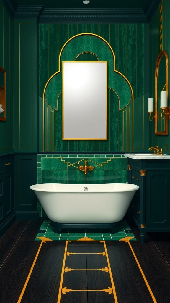 An Art Deco bathroom featuring emerald green walls, gold accents, and a freestanding tub.