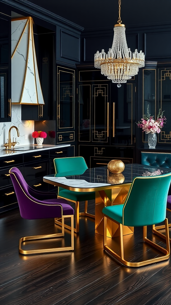 Art Deco kitchen and dining room with black cabinets, gold accents, marble table, and colorful velvet chairs.