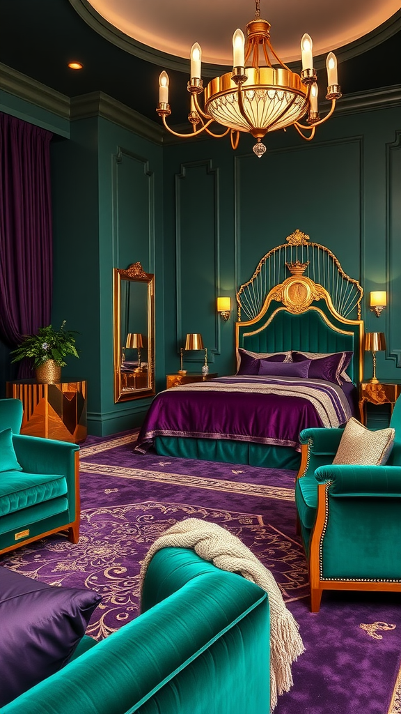 A luxurious Art Deco style living room and bedroom combo featuring deep green walls, purple bedding, and elegant gold accents.