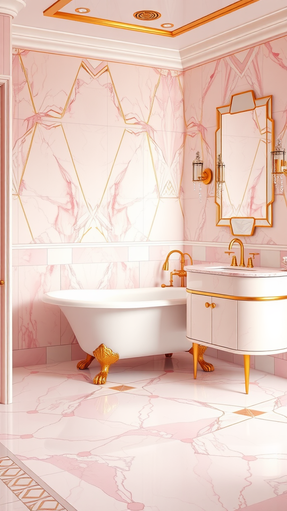 Art Deco bathroom featuring pink marble tiles, a clawfoot bathtub, and gold accents.