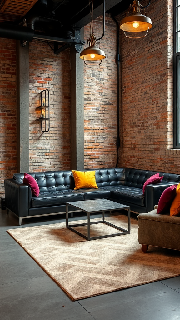 A stylish living room showcasing a blend of art deco and industrial design with exposed brick walls, black leather sofa, colorful pillows, and modern lighting.