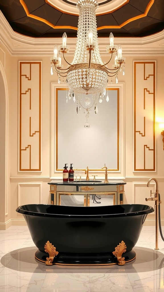 Luxurious Art Deco bathroom featuring a black tub, crystal chandelier, and ornate decorations