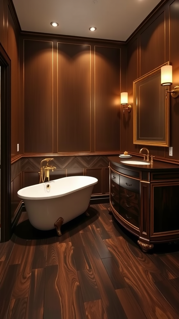 A luxurious Art Deco bathroom featuring dark wood accents, a white freestanding bathtub, and gold fixtures.