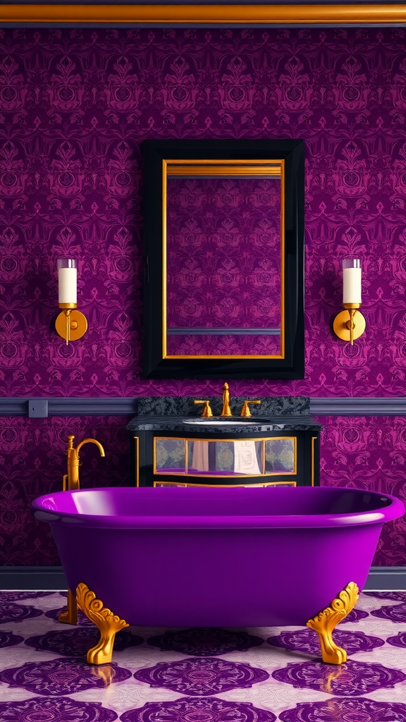 Art Deco bathroom featuring a purple bathtub, patterned walls, and elegant fixtures