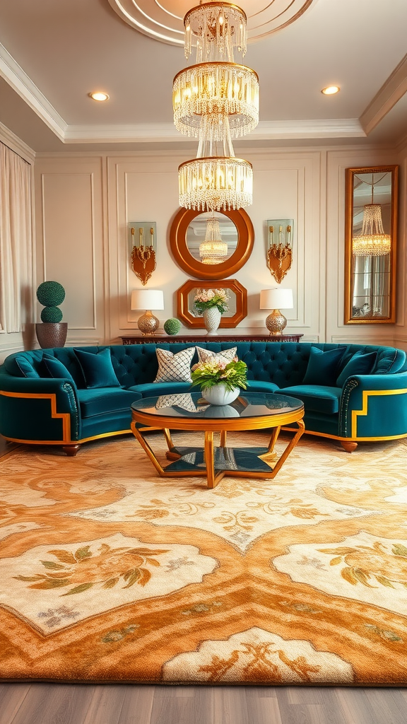 Luxurious living room featuring a teal sofa, golden accents, and a multi-tiered chandelier