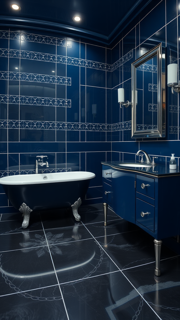 Art Deco bathroom featuring midnight blue walls, silver accents, a freestanding bathtub, and a stylish vanity.