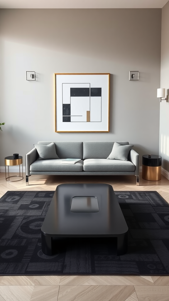 A minimalist Art Deco living room featuring a gray sofa, geometric wall art, and a black coffee table on a patterned rug.