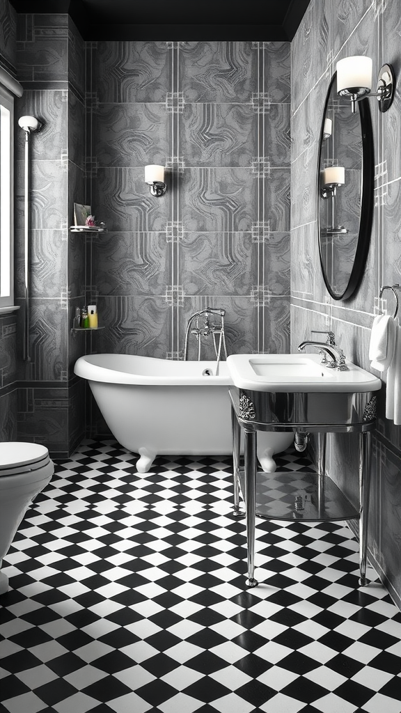 A monochrome bathroom featuring Art Deco design elements, including patterned wall tiles, a freestanding tub, and a checkered floor.