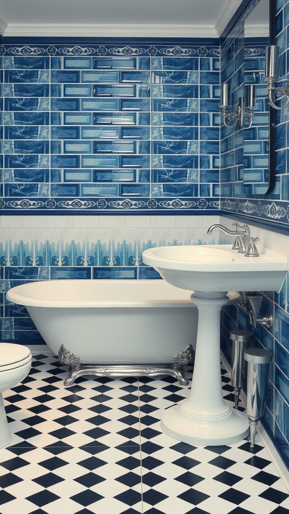 Art Deco nautical bathroom featuring blue tiled walls and black and white patterned floor