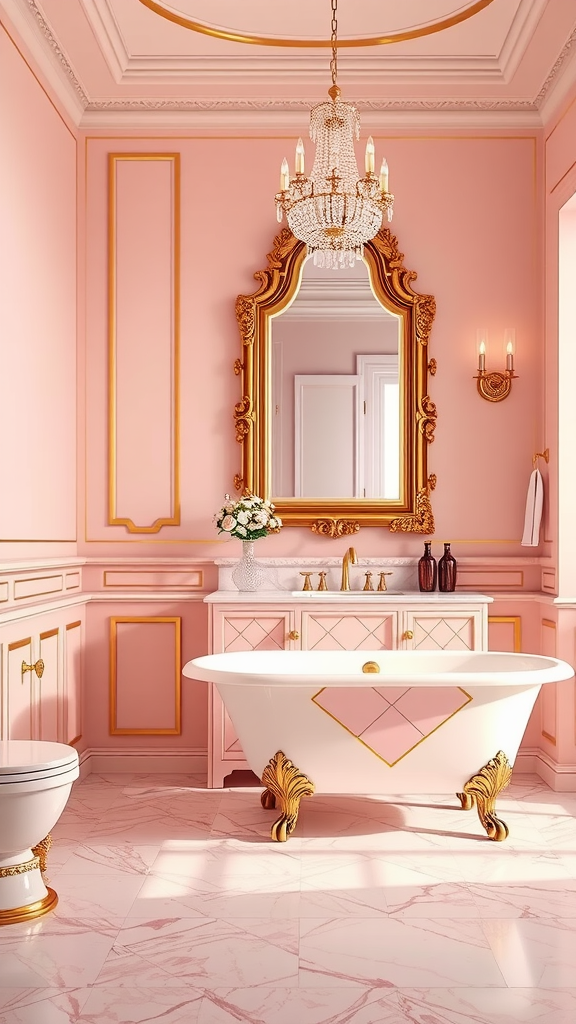 Art Deco style bathroom with pink walls and gold accents, featuring a freestanding bathtub and elegant mirror.