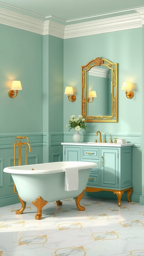 Art Deco bathroom featuring sea green walls, gold fixtures, and an elegant bathtub.