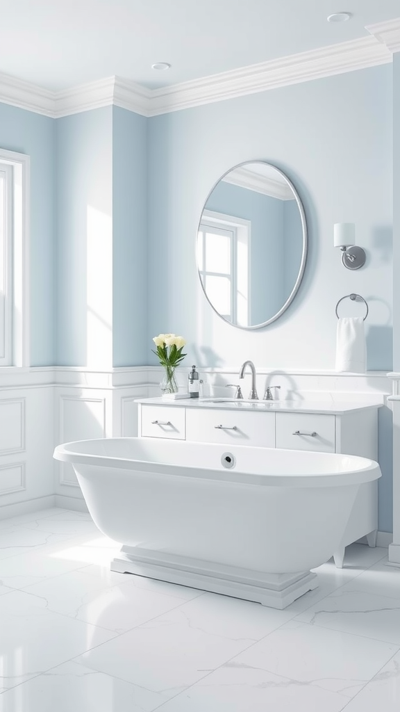 Art Deco bathroom featuring sky blue and white colors, freestanding bathtub, and elegant fixtures